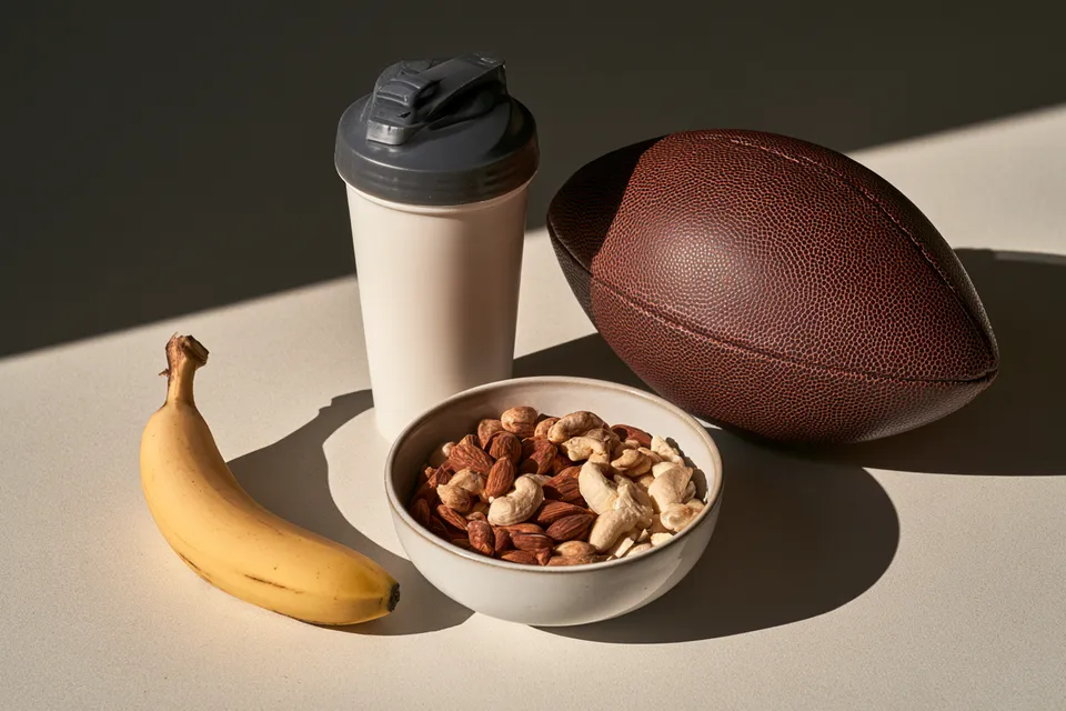 Shaker, banane et fruits secs posés à côté d’un ballon ovale sur un plan de travail