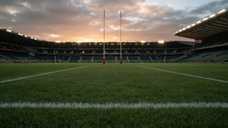 Pelouse d’un stade de rugby désert à la lumière du soir, poteaux en H et lignes de craie fraîches