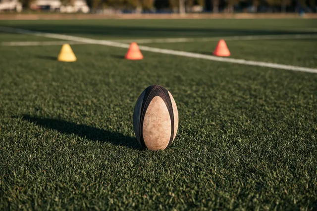 Plots d’entraînement et ballon ovale disposés sur un terrain de rugby dans la lumière du matin